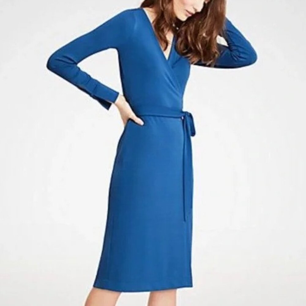 Banana Republic Peacock Blue Wrap Midi Long Sleeve Dress Sz L
